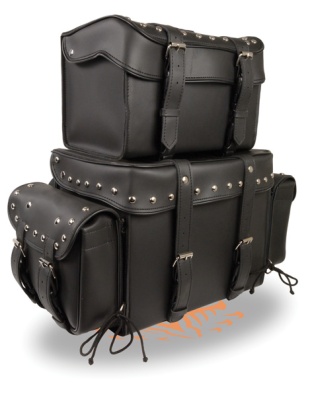 5048 - LARGE FOUR PIECE STUDDED PVC TOURING PACK WITH BARREL BAG