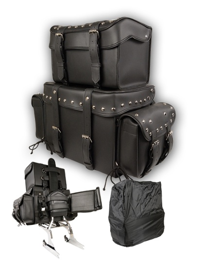 5048 - LARGE FOUR PIECE STUDDED PVC TOURING PACK WITH BARREL BAG