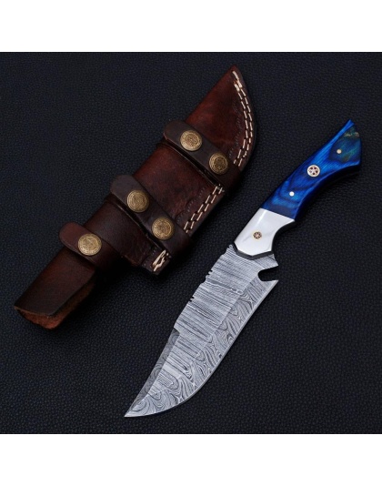 TJ1079BLU - Blue Wood Handle Damascus 