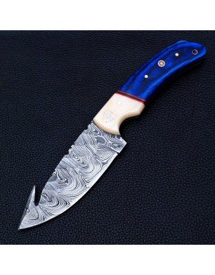 TJ1083BLU - Blue Wood Bone Handle Damascus Knife