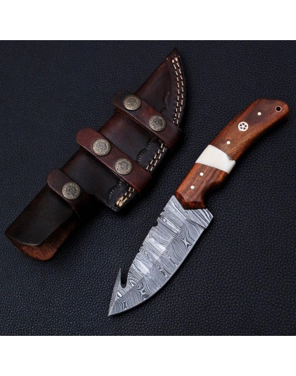 TJ1083 - Wood Bone Wood Handle Damascus Knife