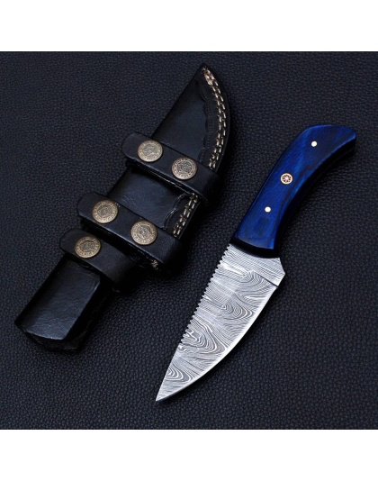 TJ5050 - Blue Wood Handle Damascus Knife