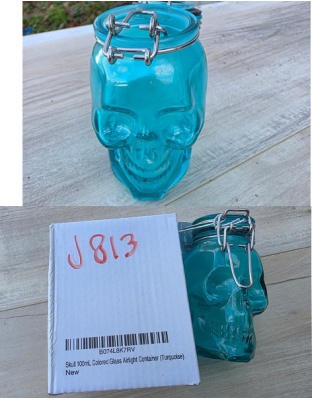 J813 - Skull Glass Jar Air Tight Container Turquoise