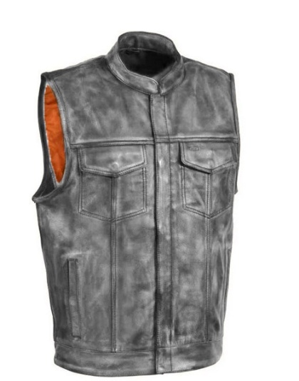 TN1070 - MENS GREY LEATHER CLUB STYLE VEST