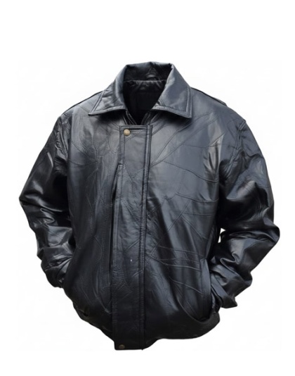 010BMJ - Men’s Black Leather Bomber Jacket Patchwork Design Double Panel Front