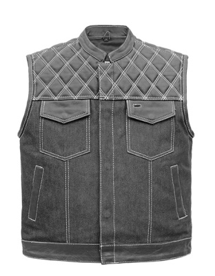 TN1087 - Men's Denim &amp; Leather Club Vest with White Stitching