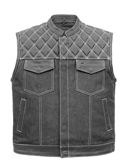 TN1087 - Men's Denim &amp; Leather Club Vest with White Stitching