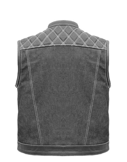 TN1087 - Men's Denim &amp; Leather Club Vest with White Stitching