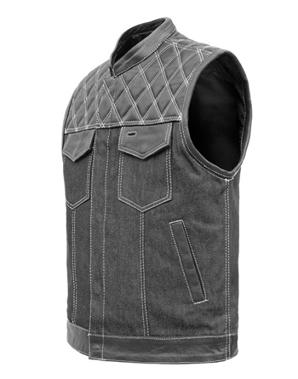 TN1087 - Men's Denim &amp; Leather Club Vest with White Stitching