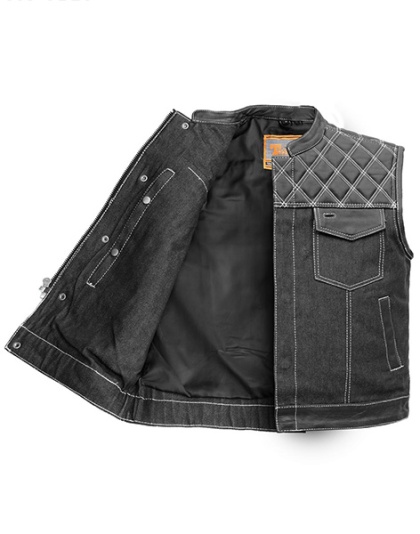 TN1087 - Men's Denim &amp; Leather Club Vest with White Stitching