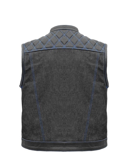 TN1088 - Men's Denim &amp; Leather Club Vest with Blue Stitching