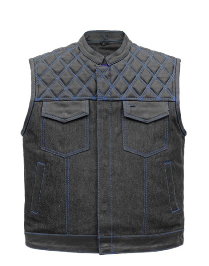 TN1088 - Men's Denim &amp; Leather Club Vest with Blue Stitching