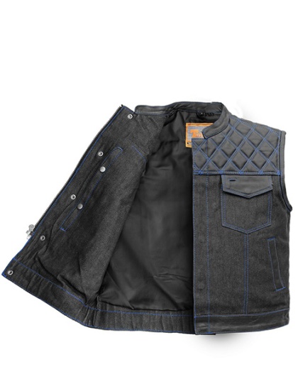 TN1088 - Men's Denim &amp; Leather Club Vest with Blue Stitching