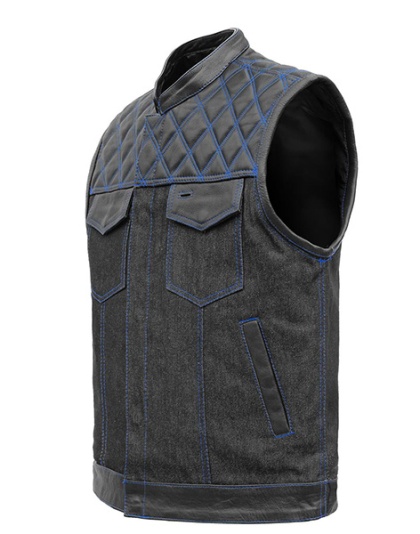 TN1088 - Men's Denim &amp; Leather Club Vest with Blue Stitching
