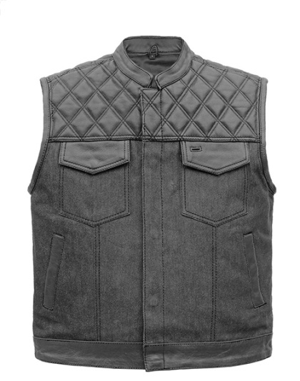 TN1089 - Men's Denim &amp; Leather Club Vest with Black Stitching