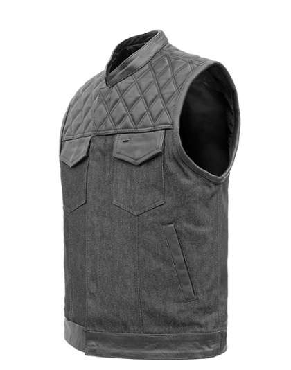 TN1089 - Men's Denim &amp; Leather Club Vest with Black Stitching