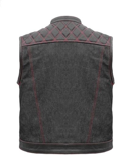 TN1090 - Men's Denim &amp; Leather Club Vest with Red Stitching