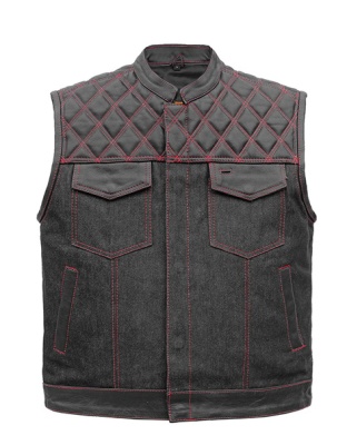 TN1090 - Men's Denim &amp; Leather Club Vest with Red Stitching