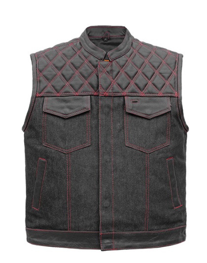 TN1090 - Men's Denim &amp; Leather Club Vest with Red Stitching