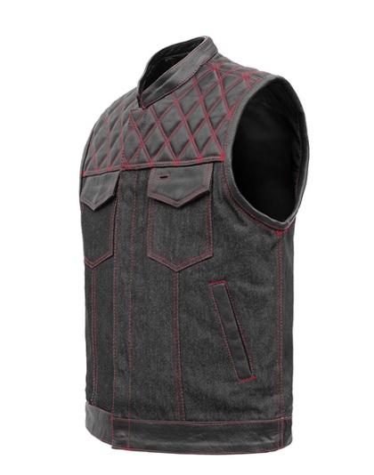 TN1090 - Men's Denim &amp; Leather Club Vest with Red Stitching