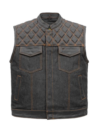 TN1091 - Men's Denim &amp; Leather Club Vest with Orange Stitching