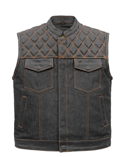 TN1091 - Men's Denim &amp; Leather Club Vest with Orange Stitching