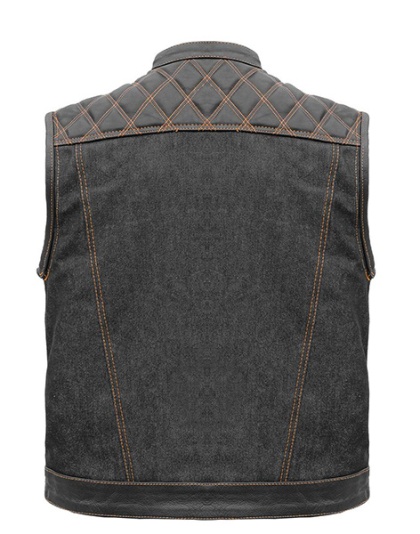 TN1091 - Men's Denim &amp; Leather Club Vest with Orange Stitching