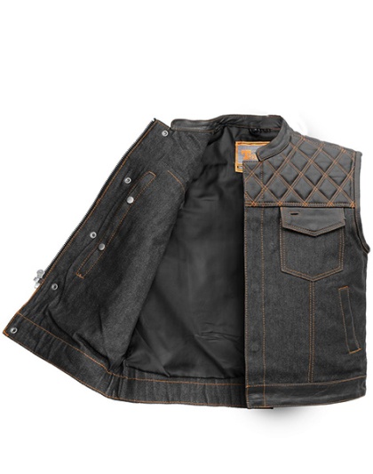 TN1091 - Men's Denim &amp; Leather Club Vest with Orange Stitching