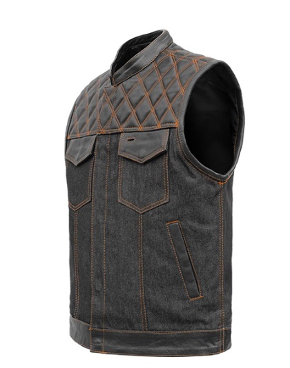 TN1091 - Men's Denim &amp; Leather Club Vest with Orange Stitching