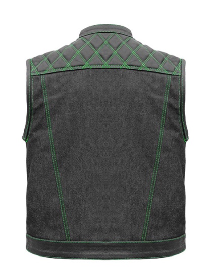 TN1092 - Men's Denim &amp; Leather Club Vest with Green Stitching