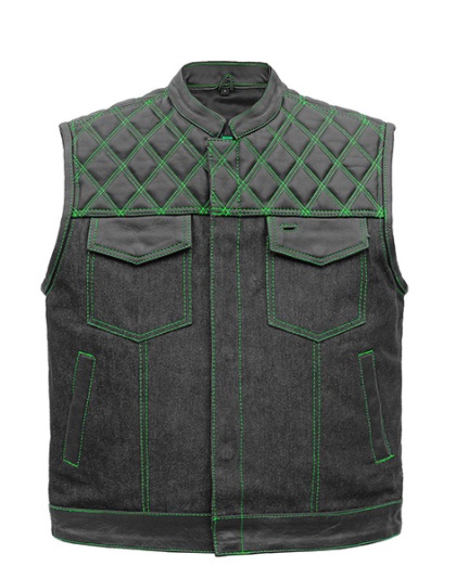 TN1092 - Men's Denim &amp; Leather Club Vest with Green Stitching