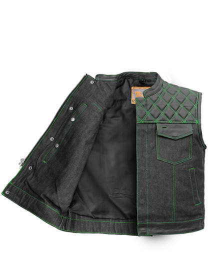 TN1092 - Men's Denim &amp; Leather Club Vest with Green Stitching