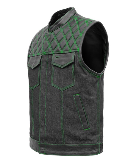 TN1092 - Men's Denim &amp; Leather Club Vest with Green Stitching