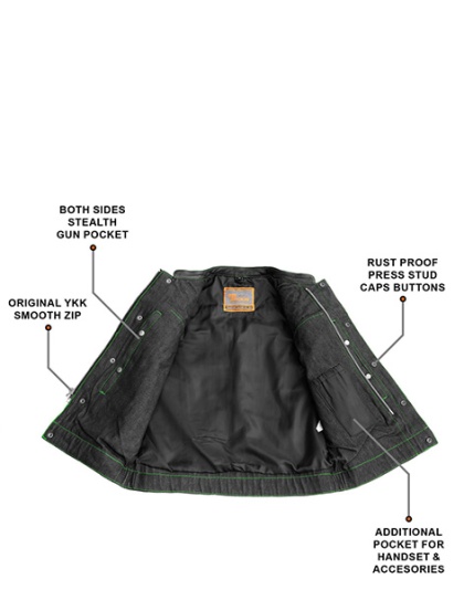 TN1092 - Men's Denim &amp; Leather Club Vest with Green Stitching