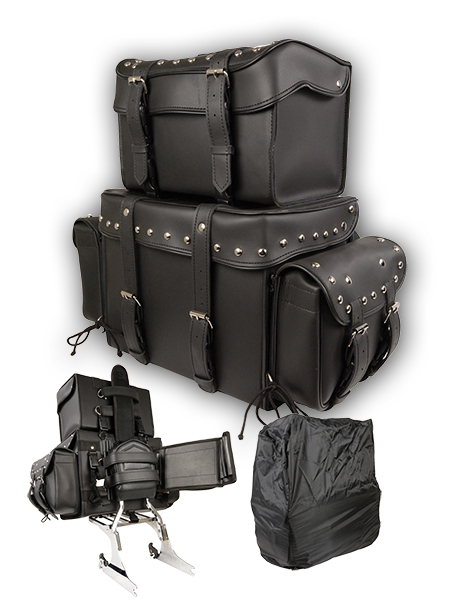 5048 - LARGE 4 PIECE STUDDED PVC TOURING PACK WITH BARREL BAG