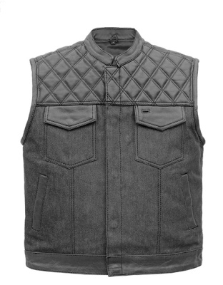 TN1089 - Men's Denim &amp; Leather Club Vest with Black Stitching
