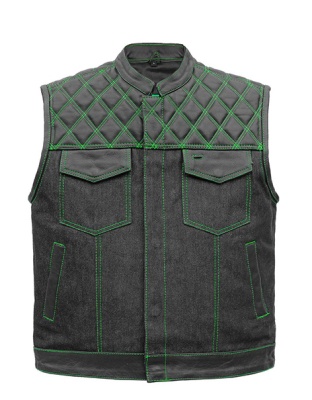 TN1092 - Men's Denim &amp; Leather Club Vest with Green Stitching