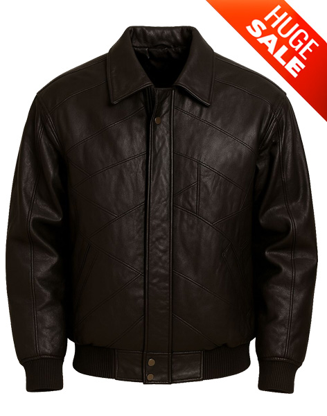 001 Men’s Black Leather Bomber Jacket Patchwork Design Double Panel Front