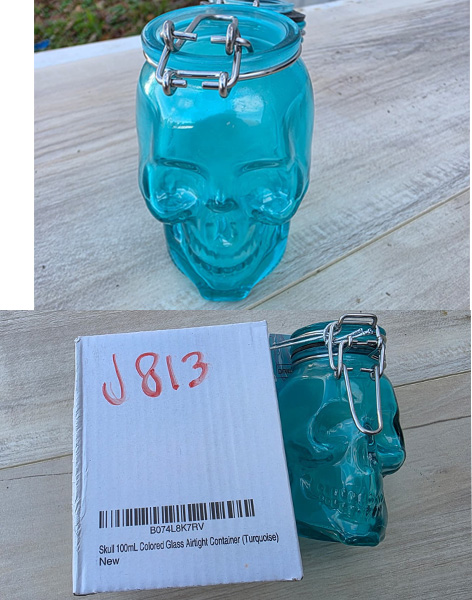 J813 - Skull Glass Jar Air Tight Container Turquoise