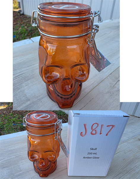 J817 - Skull Glass Jar Air Tight Container Amber Glow