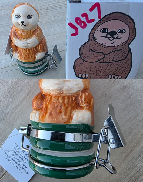 J827 - Bear Porcelain Jar Air Tight Container Golden Green