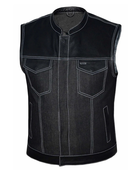 TN1087 - Men's Denim & Leather Club Vest with White Stitching