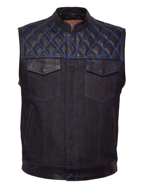 TN1088 - Men's Denim & Leather Club Vest with Blue Stitching