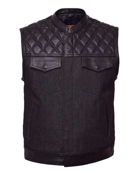 TN1089 - Men's Denim & Leather Club Vest with Black Stitching