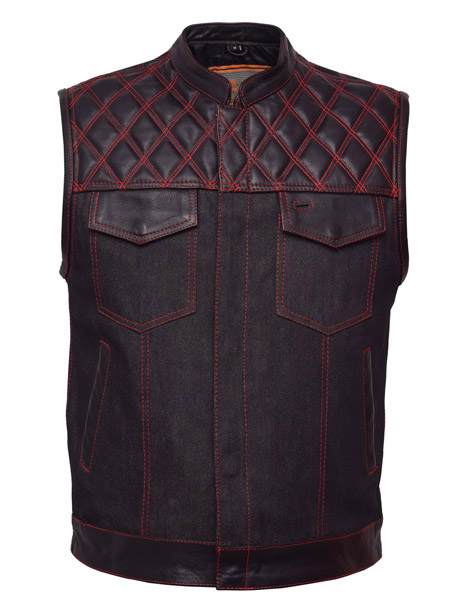 TN1090 - Men's Denim & Leather Club Vest with Red Stitching