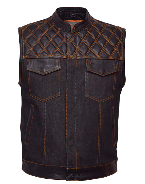 TN1091 - Men's Denim & Leather Club Vest with Orange Stitching